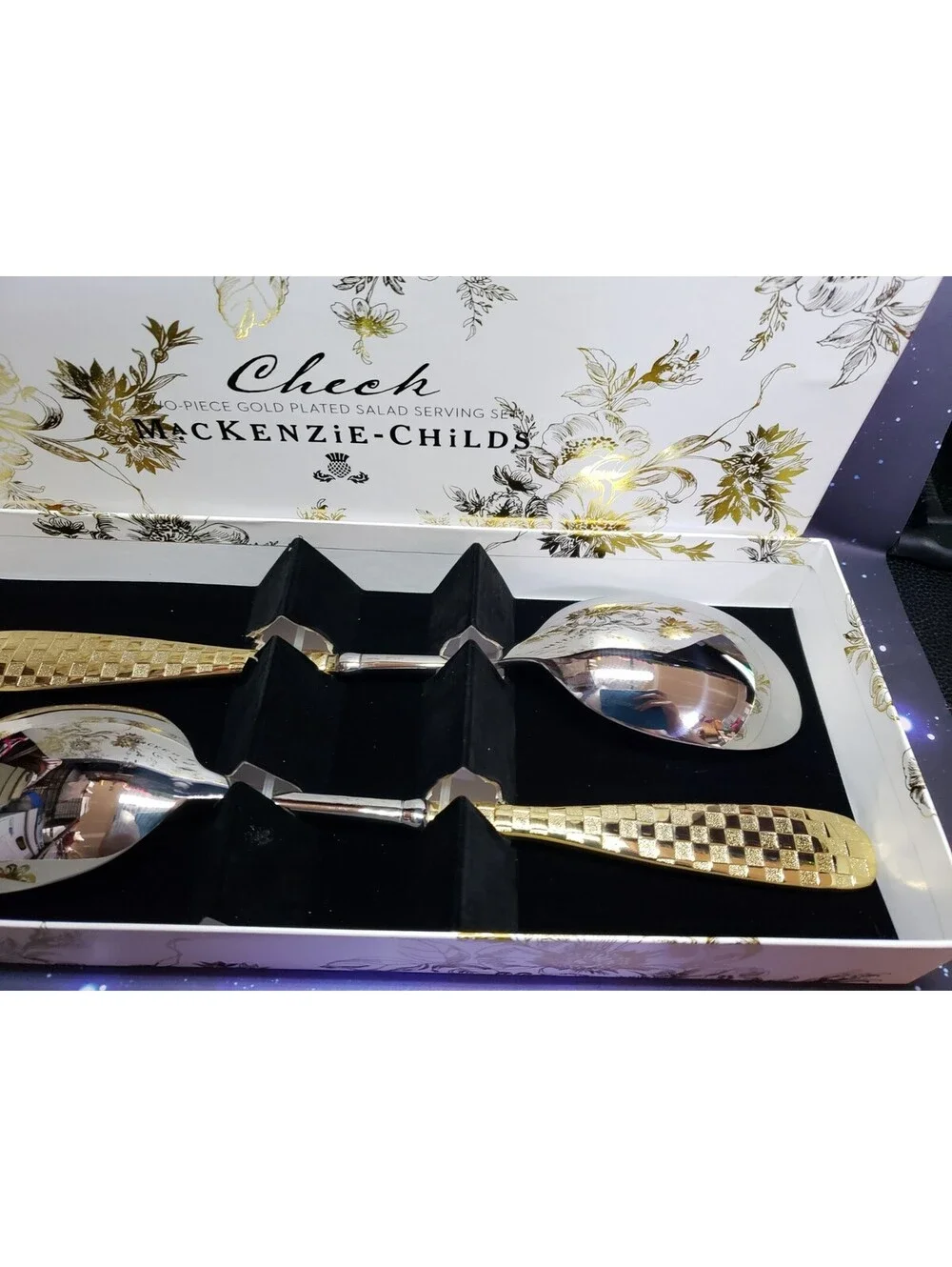 McKenzie Childs Gold Plated Salad Serving Set NEW IN BOX Check Pattern